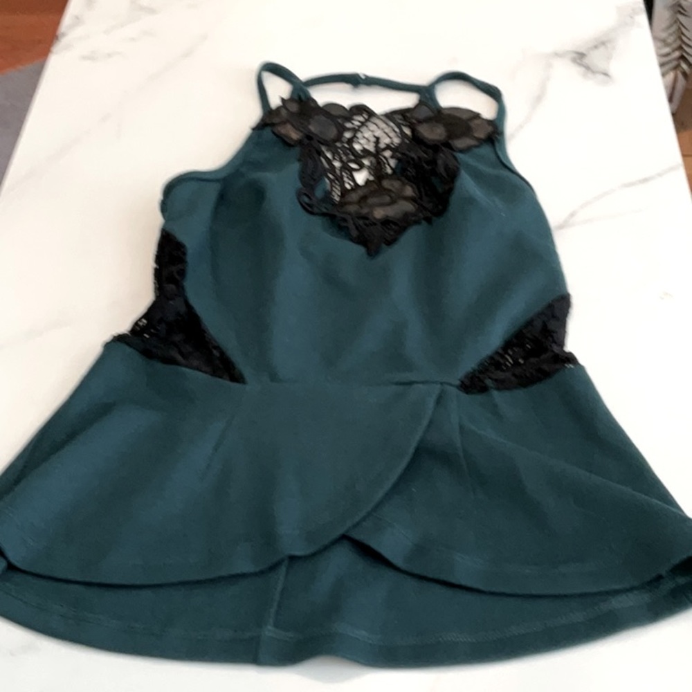 Material Girl green top with black lace, small.